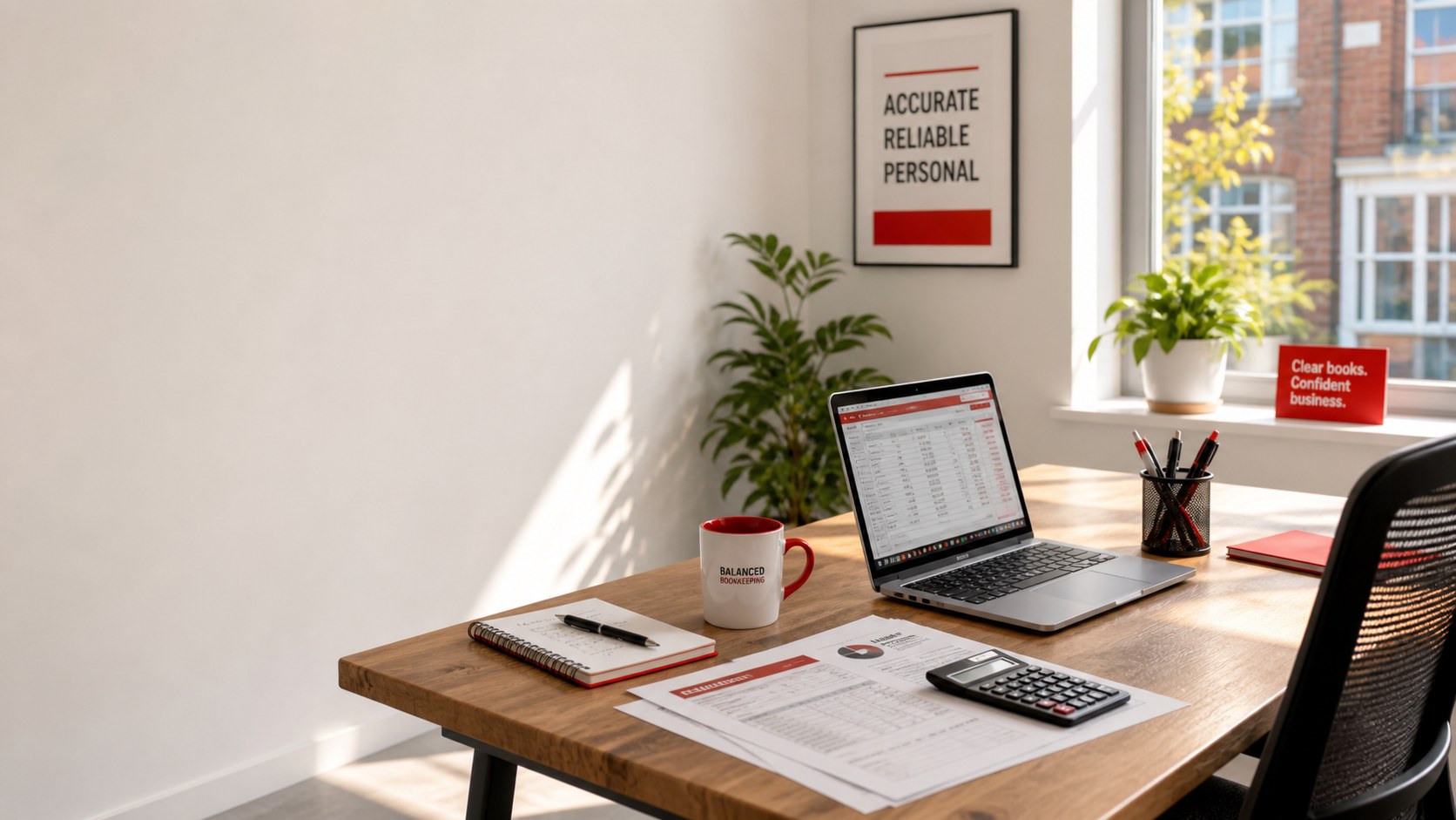 Modern bookkeeping workspace with laptop, calculator, notebook and red brand accents